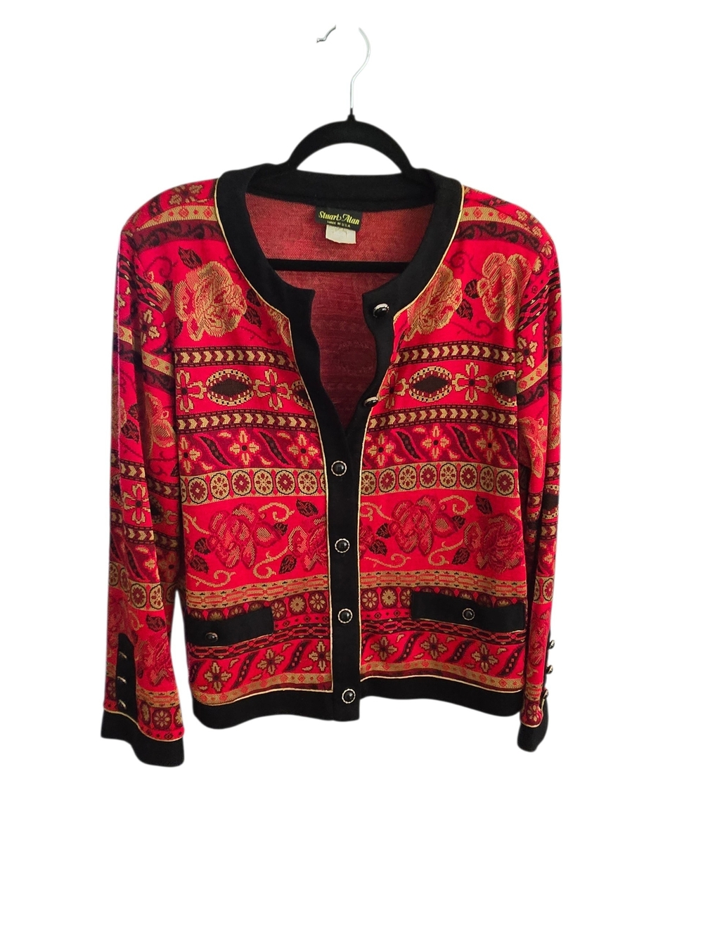 Vintage Stuart Alan Red Black Gold Baroque Tapestry Cardigan Sweater Jacket 14